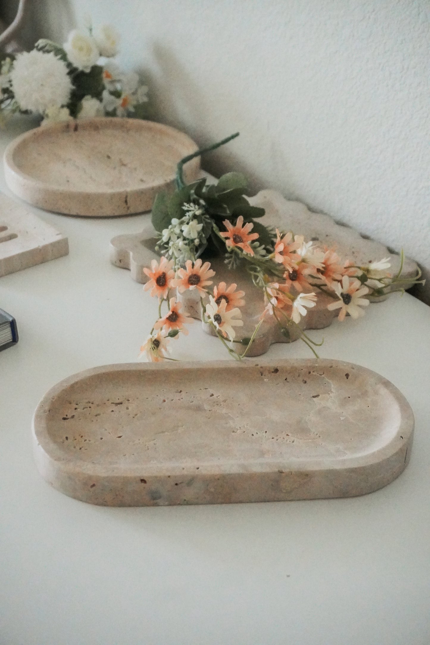 Oval Travertine Marble Tray, Natural Stone Catchall