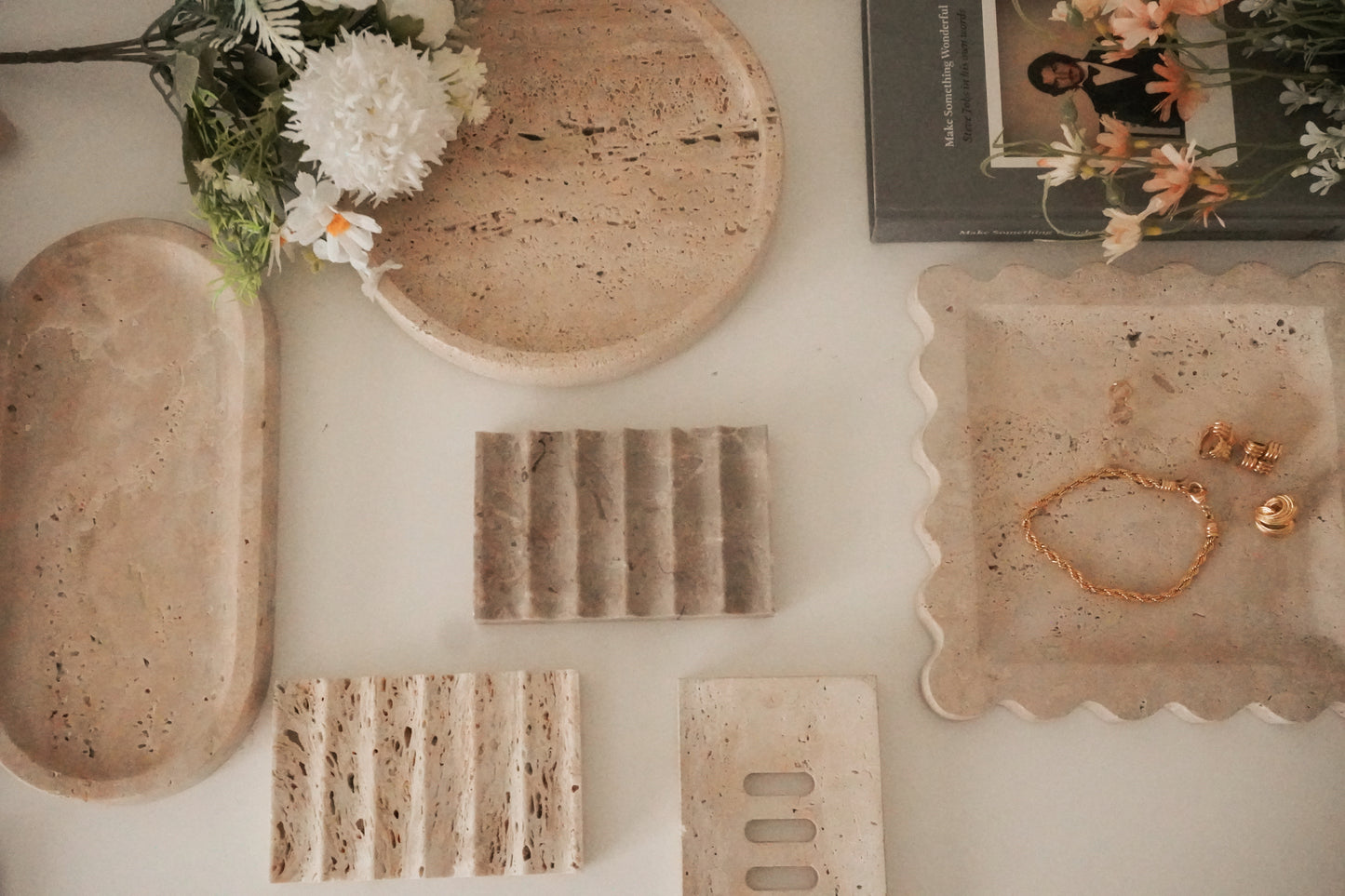 Travertine Marble Soap Dish with Drain