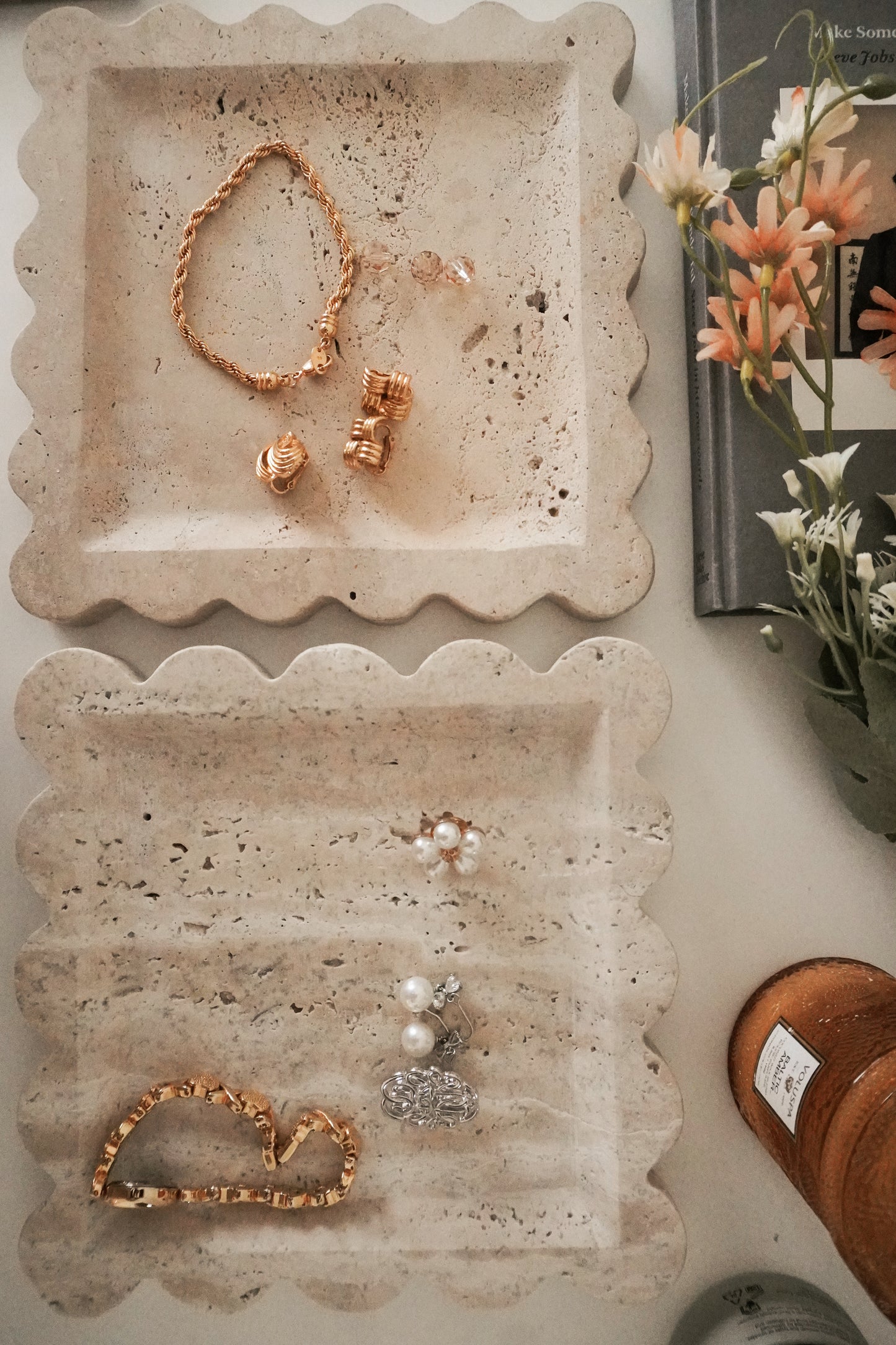 Scalloped Stripe Marble Tray, Natural Stone Catchall