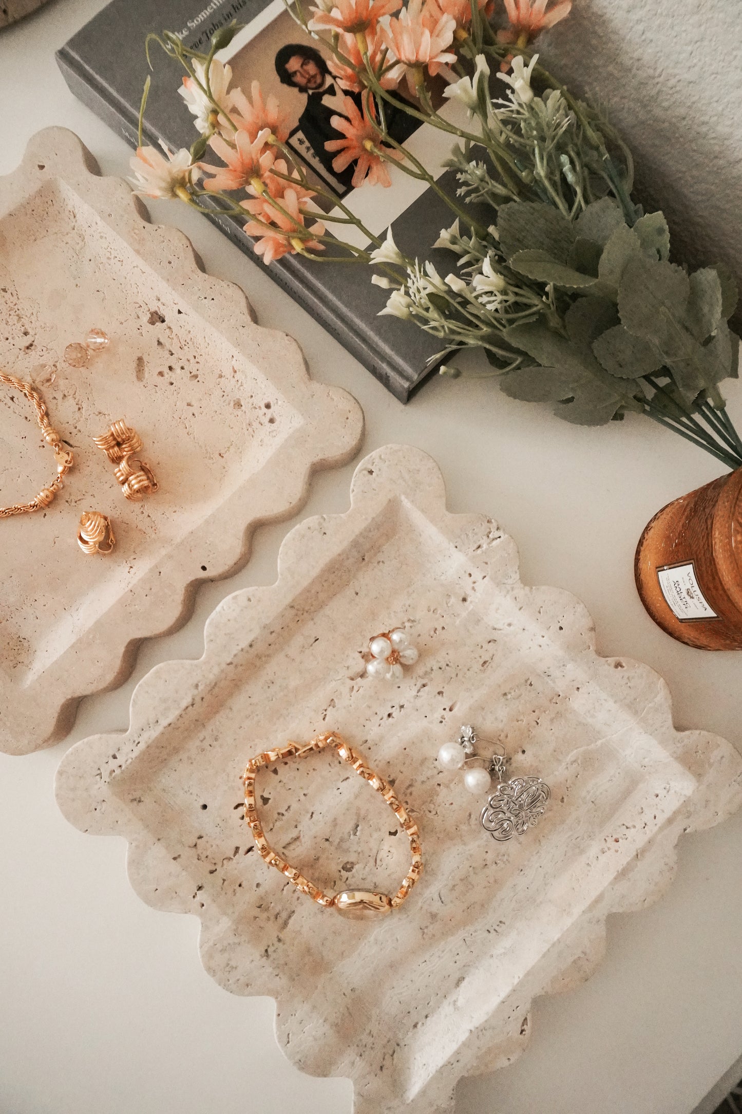 Scalloped Stripe Marble Tray, Natural Stone Catchall
