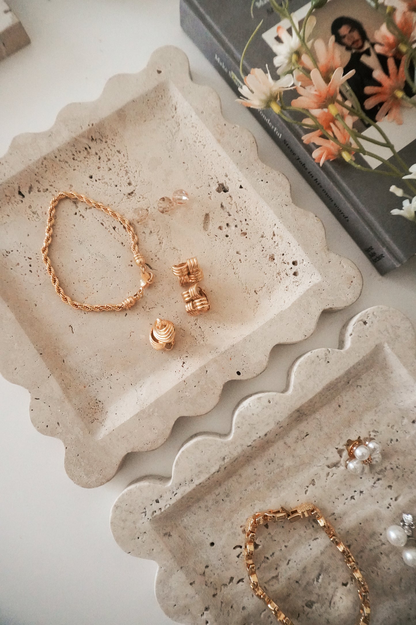 Scalloped Travertine Marble Tray, Natural Stone Catchall for Jewelry