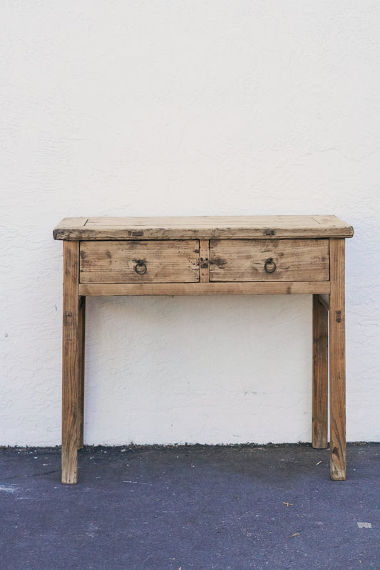 Vintage Rustic Pine Wood Console Table With Drawer