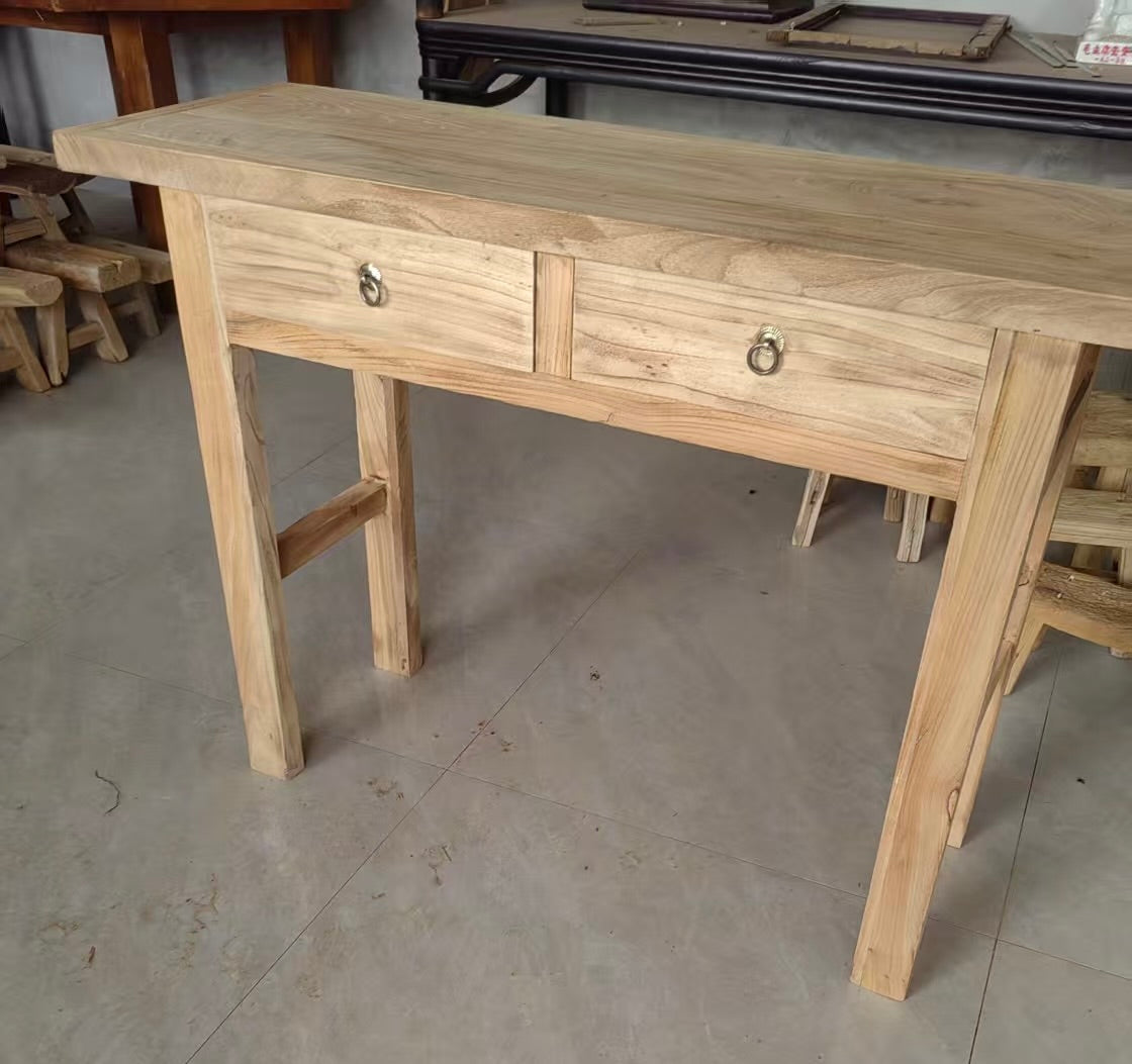 Vintage Reclaimed Elm Wood Console Table With Drawer