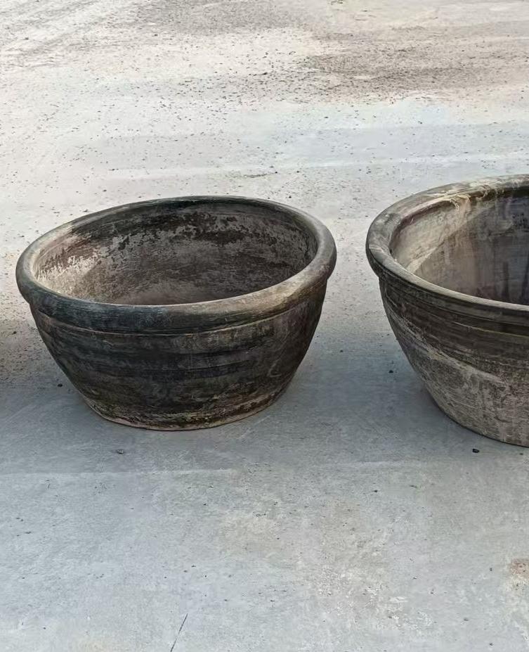 Vintage Rustic Clay Planter - Wide Mouth, Grey, Asian Style
