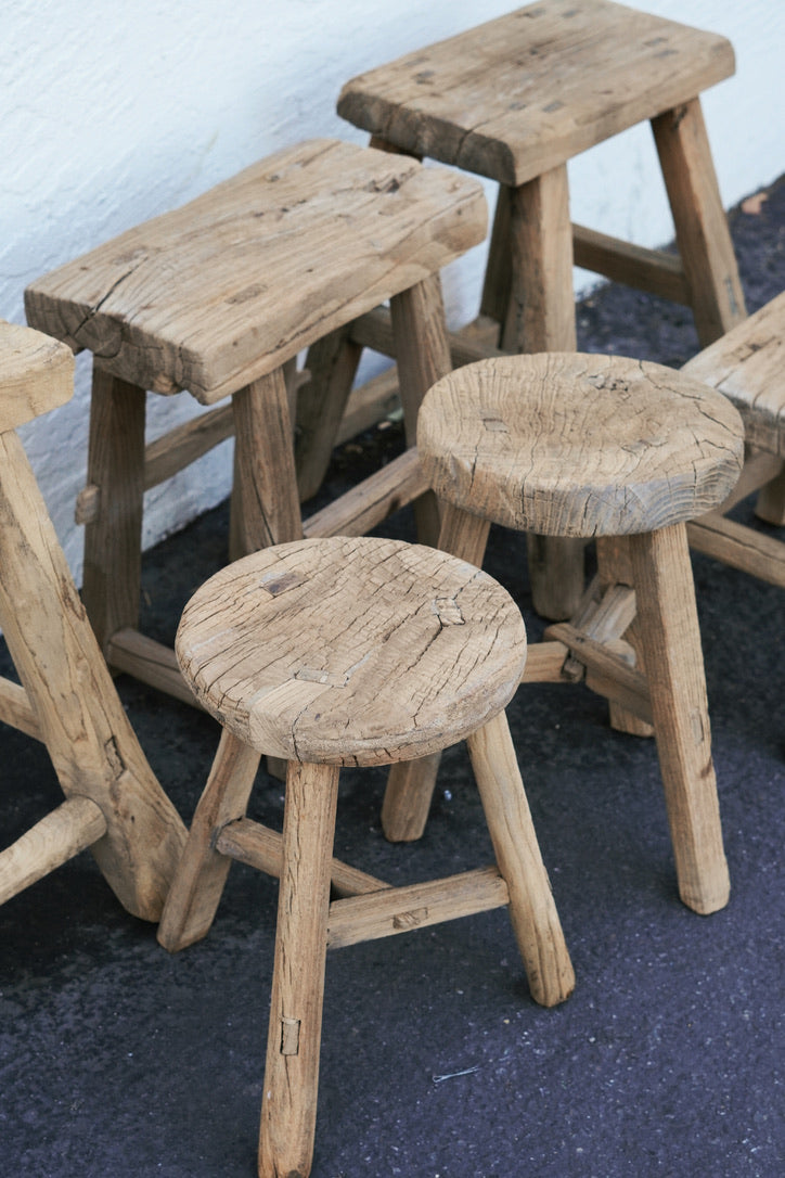 Vintage Wabi-Sabi Rustic Elm Wood Stool - High Chair