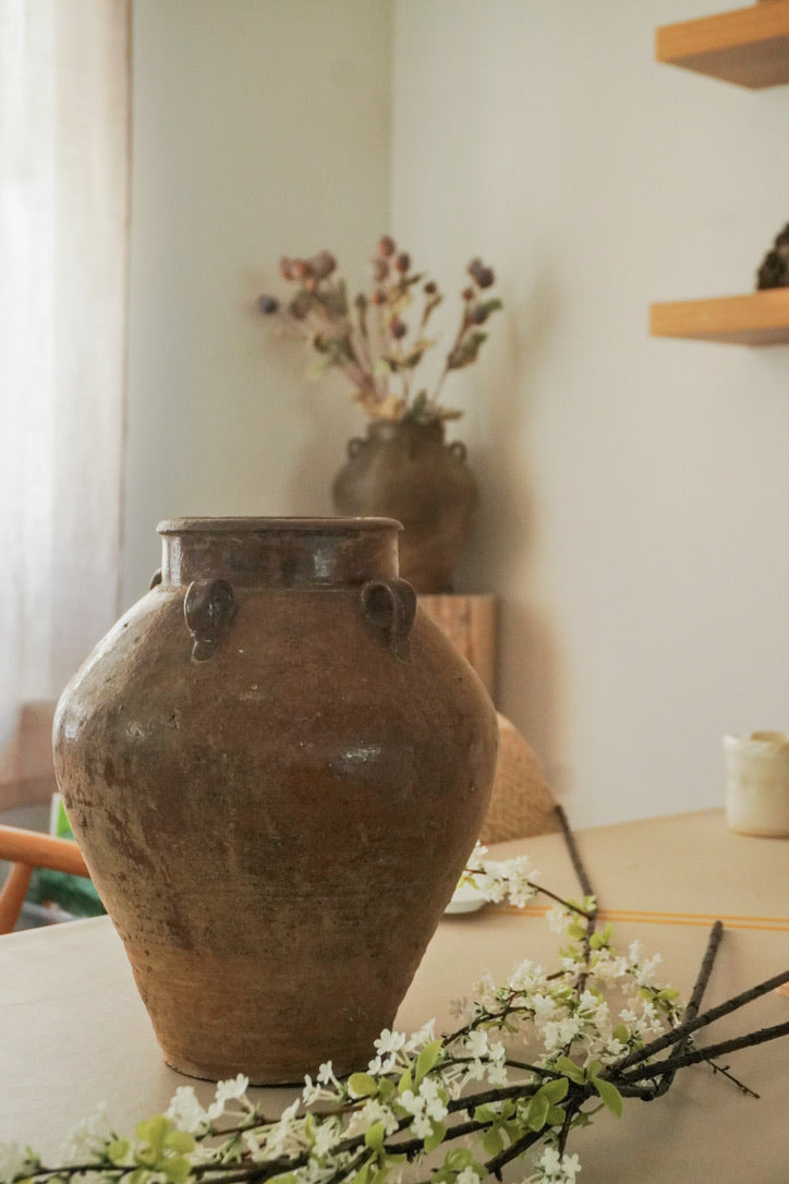 Vintage Rustic Clay Pot with Handles - Pearl Shape