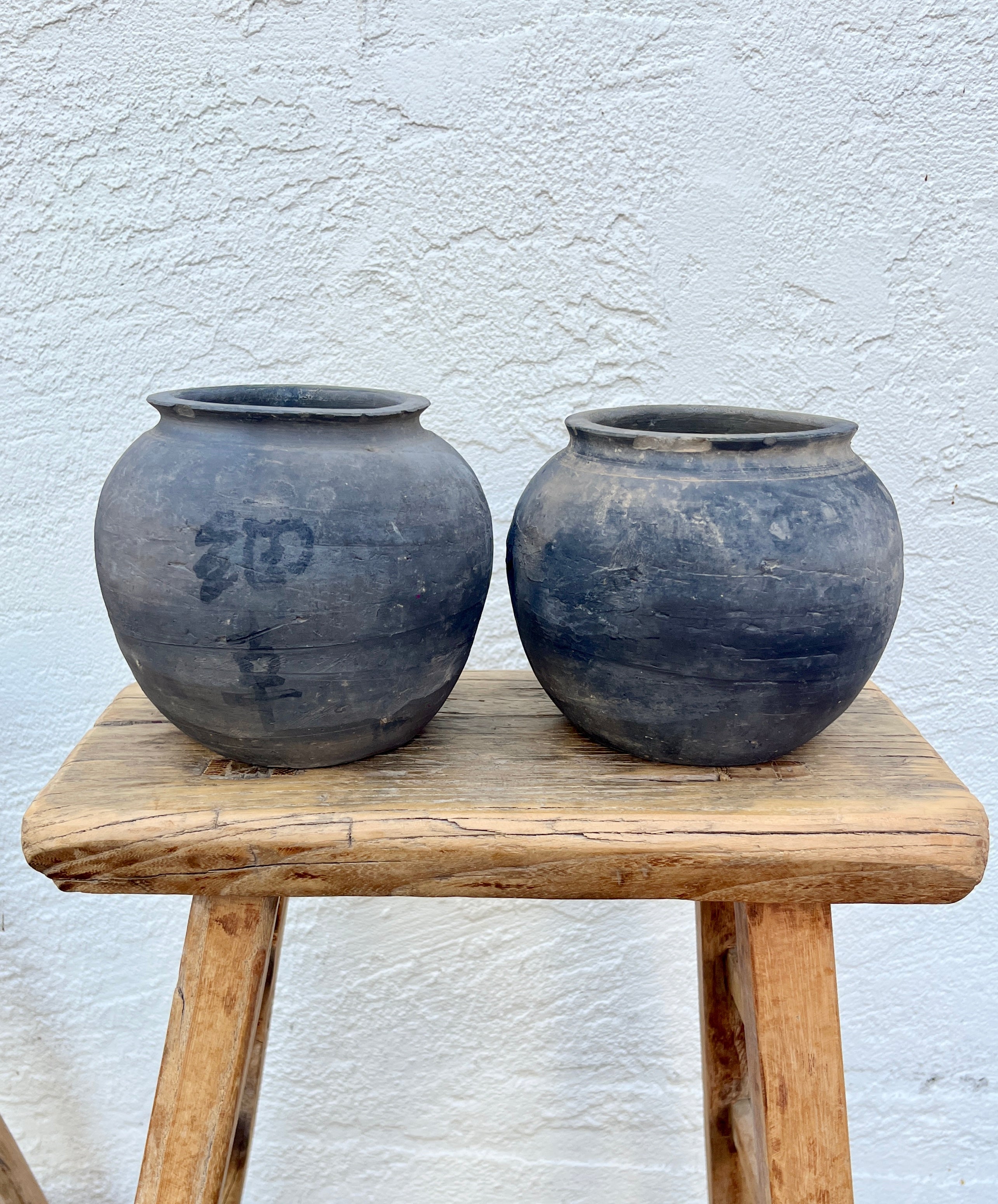 Wabi hotsell sabi pottery primitive vessels. Set of two rustic clay pot. Small black planter pots.