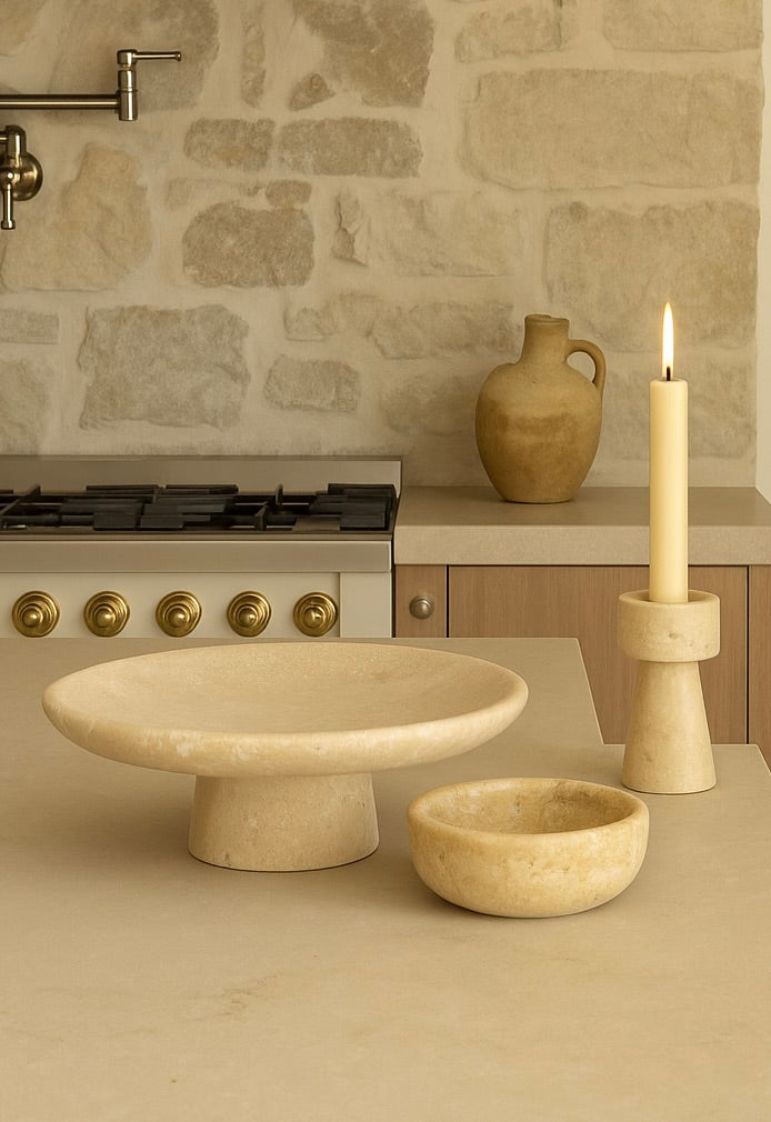 Travertine Candle Holder-Sculptural Pedestal Form