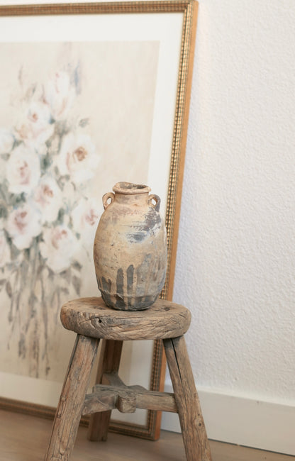 Rustic Antique vintage Pot with beige glaze and weathered looking. from 1000 years ago