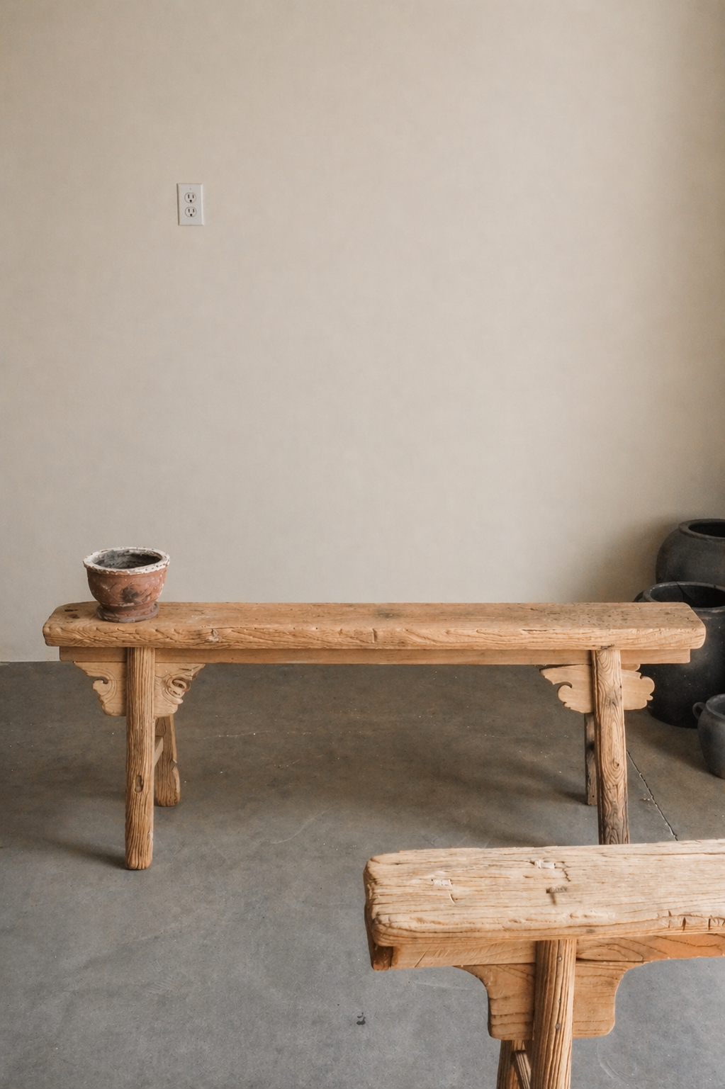 Vintage Rustic Elm Wood Bench--With Panel