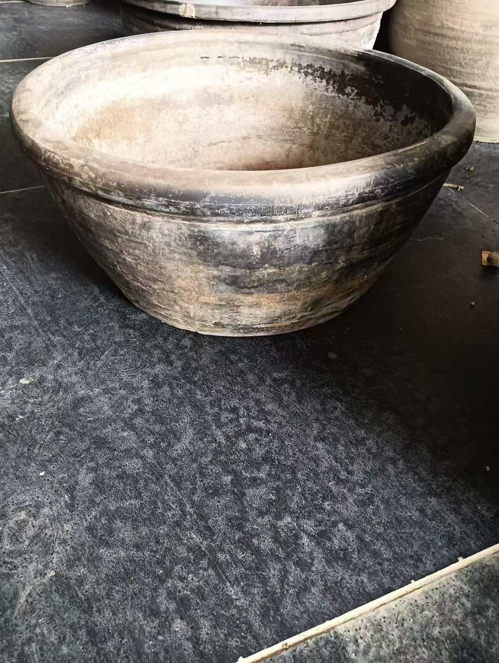 Vintage Rustic Clay Planter - Wide Mouth, Grey, Asian Style