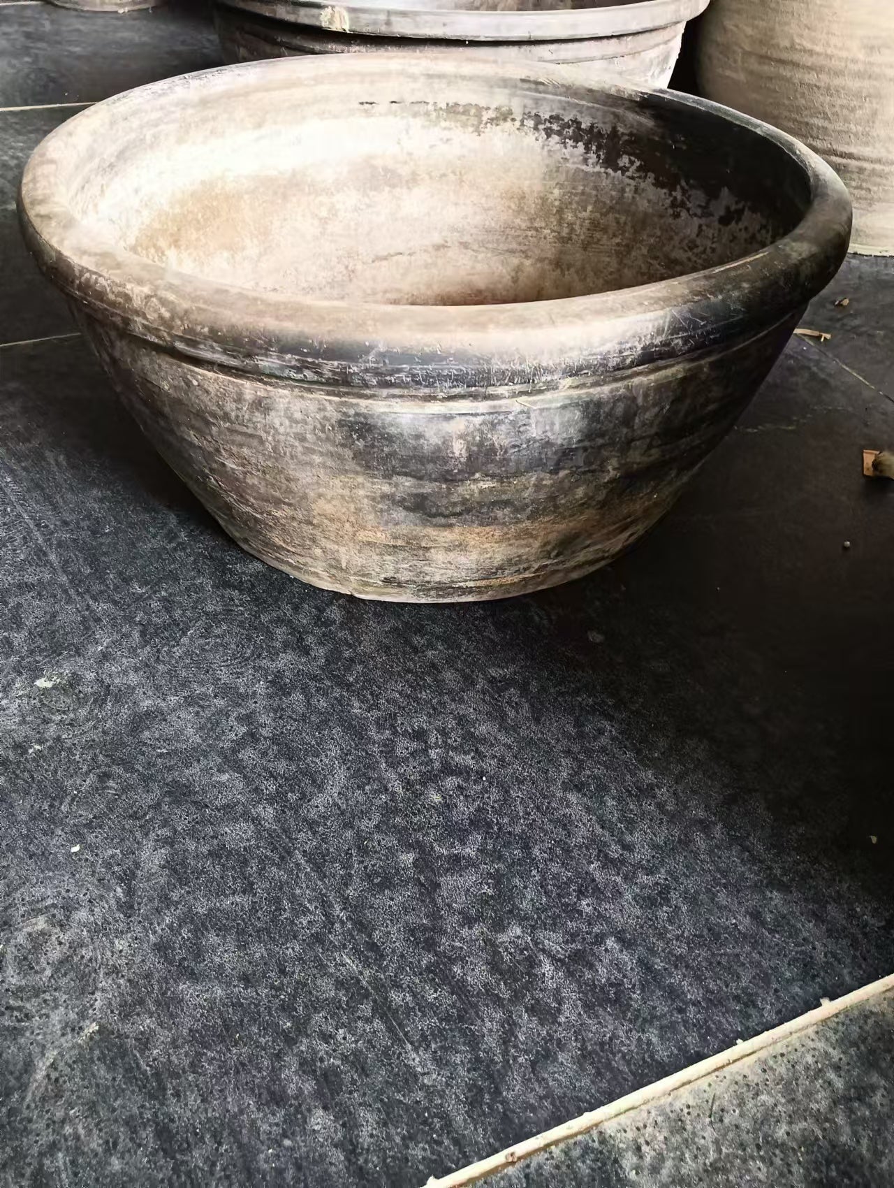 Vintage Rustic Clay Planter - Wide Mouth, Grey, Asian Style