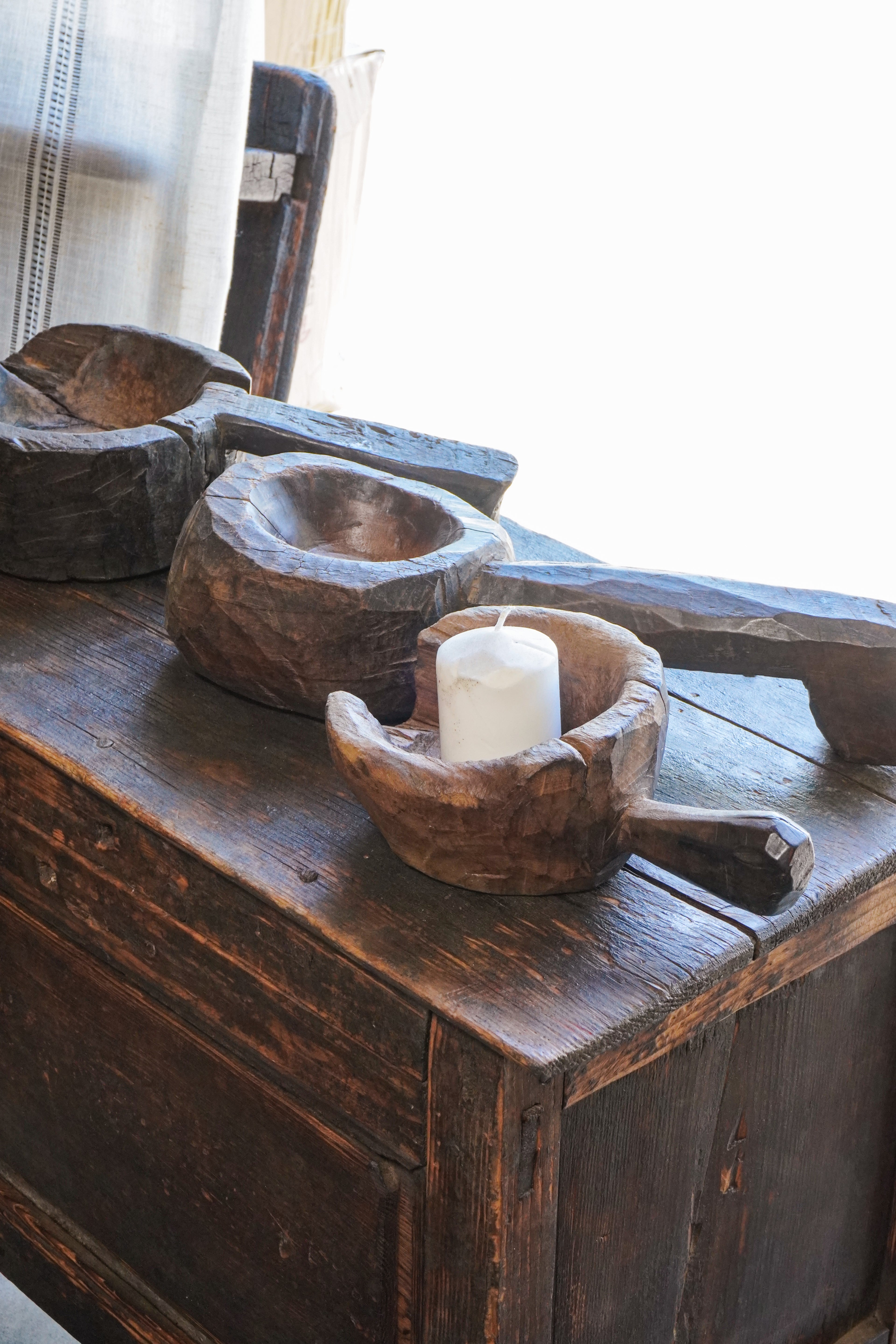 Antique Wood Grinder Bowl with Handle