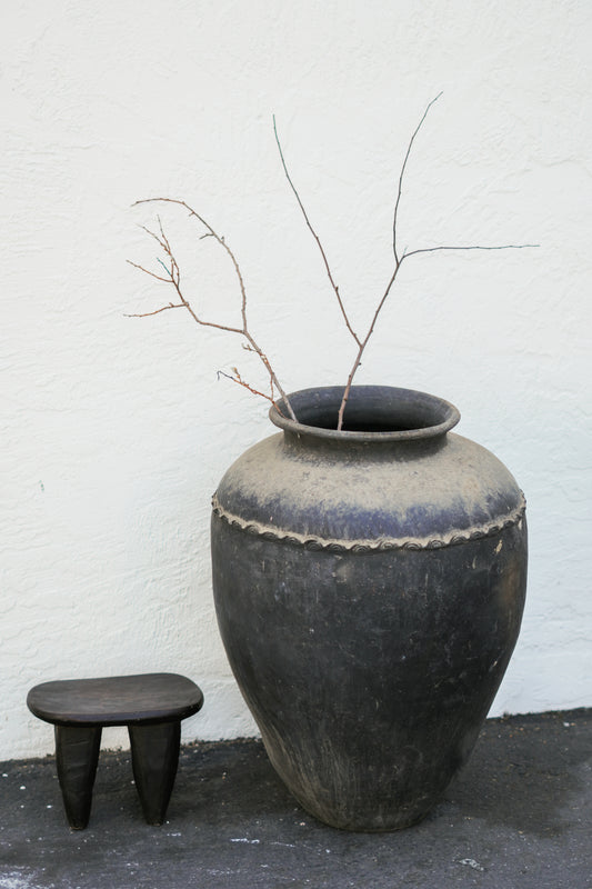 Chinese large rustic vintage ceramic pot with a weathered finish and decorative detailing, perfect for use as a planter or Wabi-Sabi decor piece