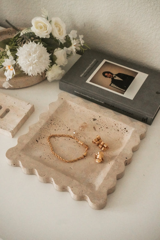 Scalloped Travertine Marble Tray, Natural Stone Catchall for Jewelry