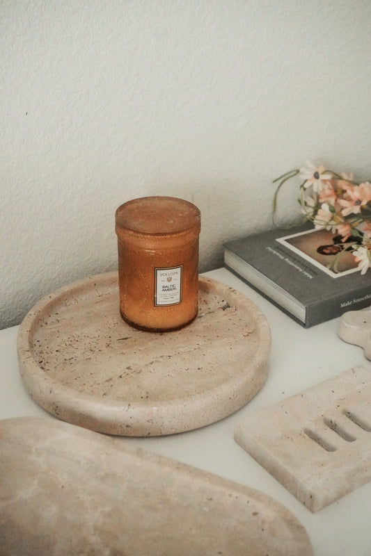 Round Travertine Marble Tray, Natural Stone Catchall Dish