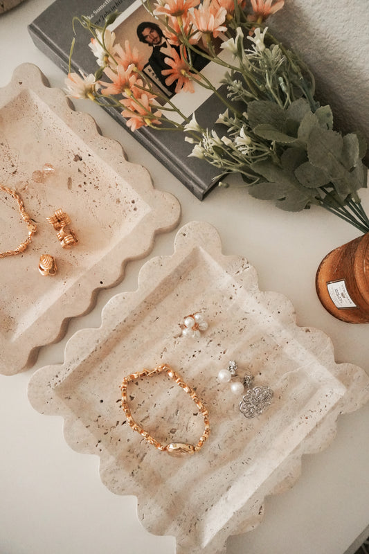 Scalloped Stripe Marble Tray, Natural Stone Catchall