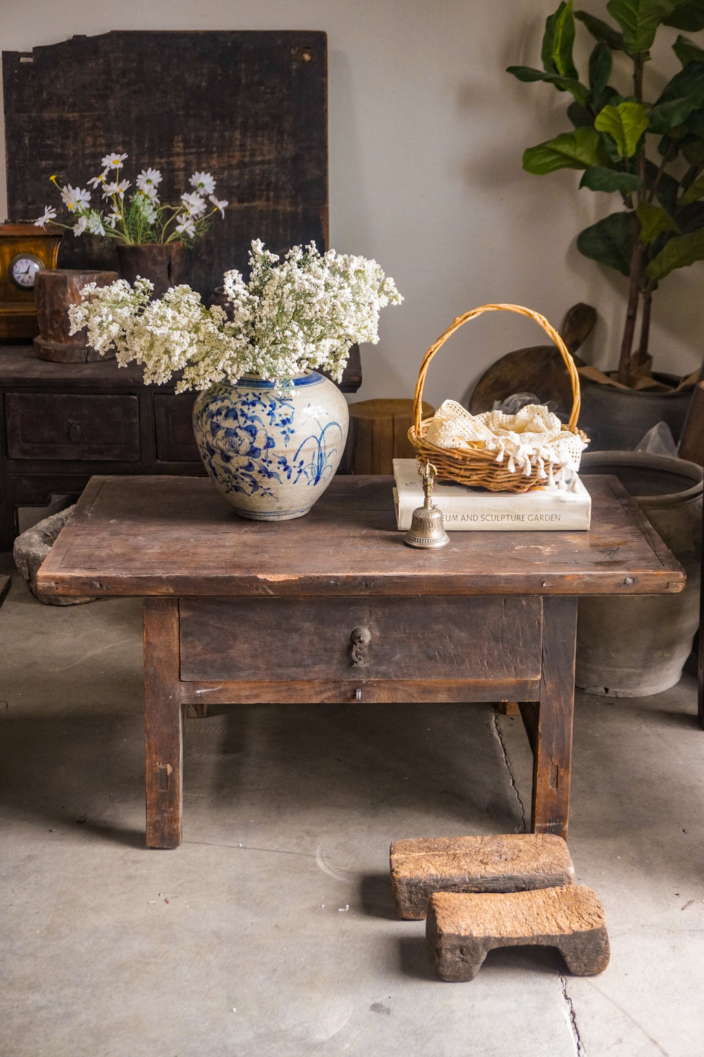 Vintage Dark Elm Wood Coffee Table with Drawer