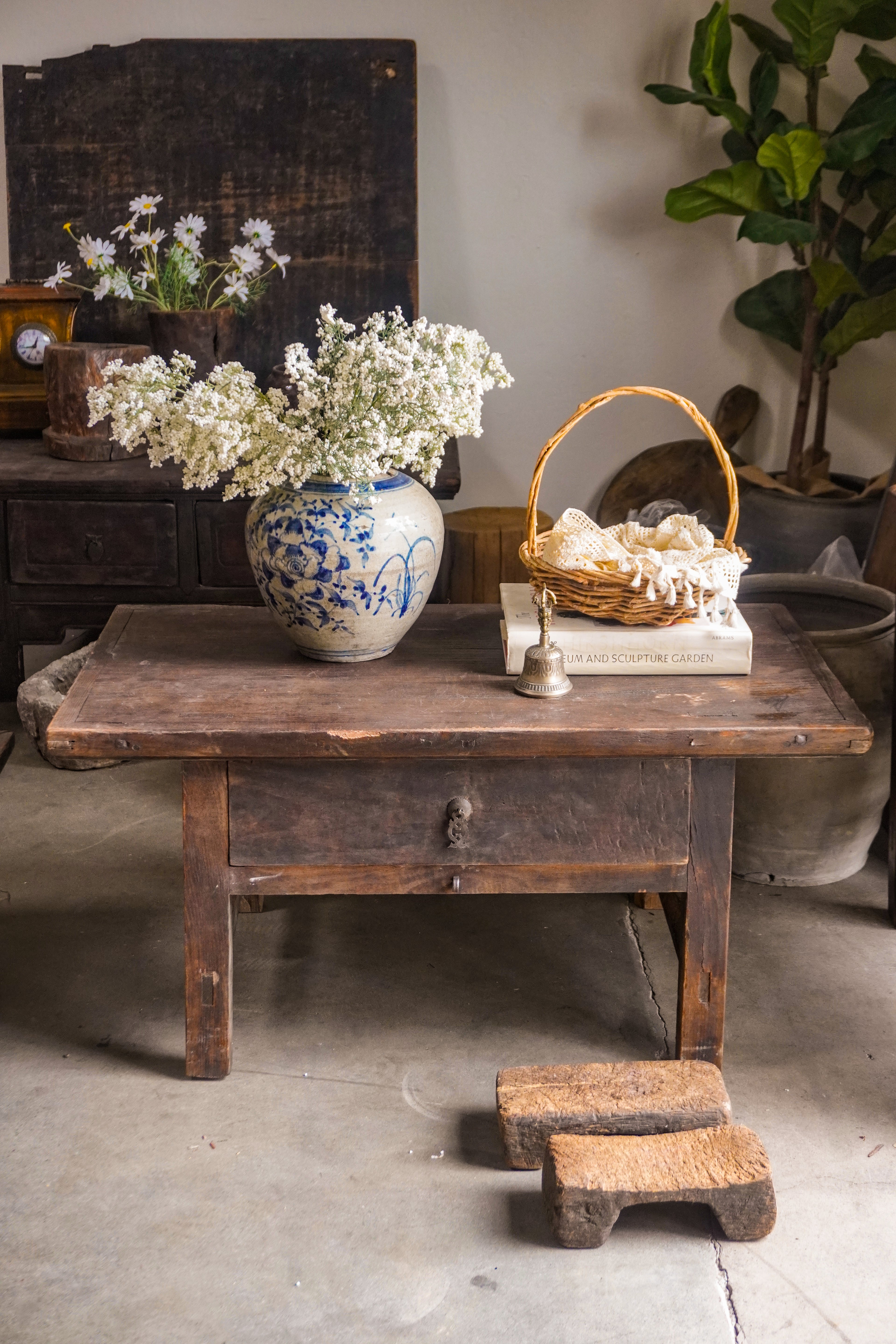 Vintage Dark Elm Wood Coffee Table with Drawer