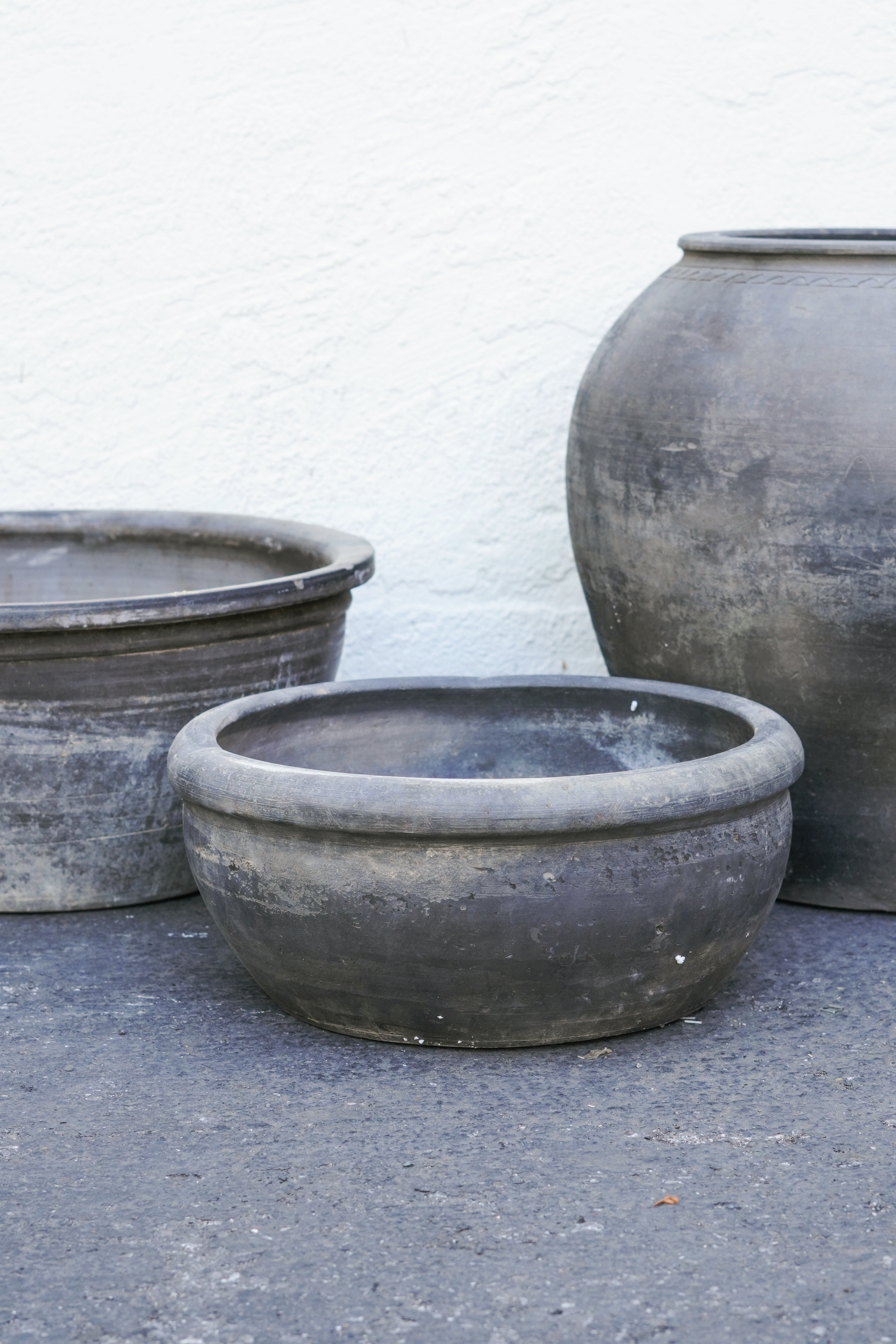 Vintage Rustic Clay Planter - Wide Mouth, Grey, Asian Style