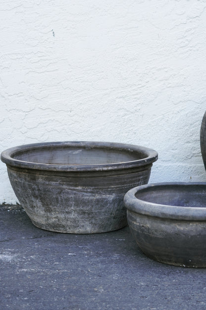 Broad-Mouthed Vintage Grey Rustic Pottery Vase