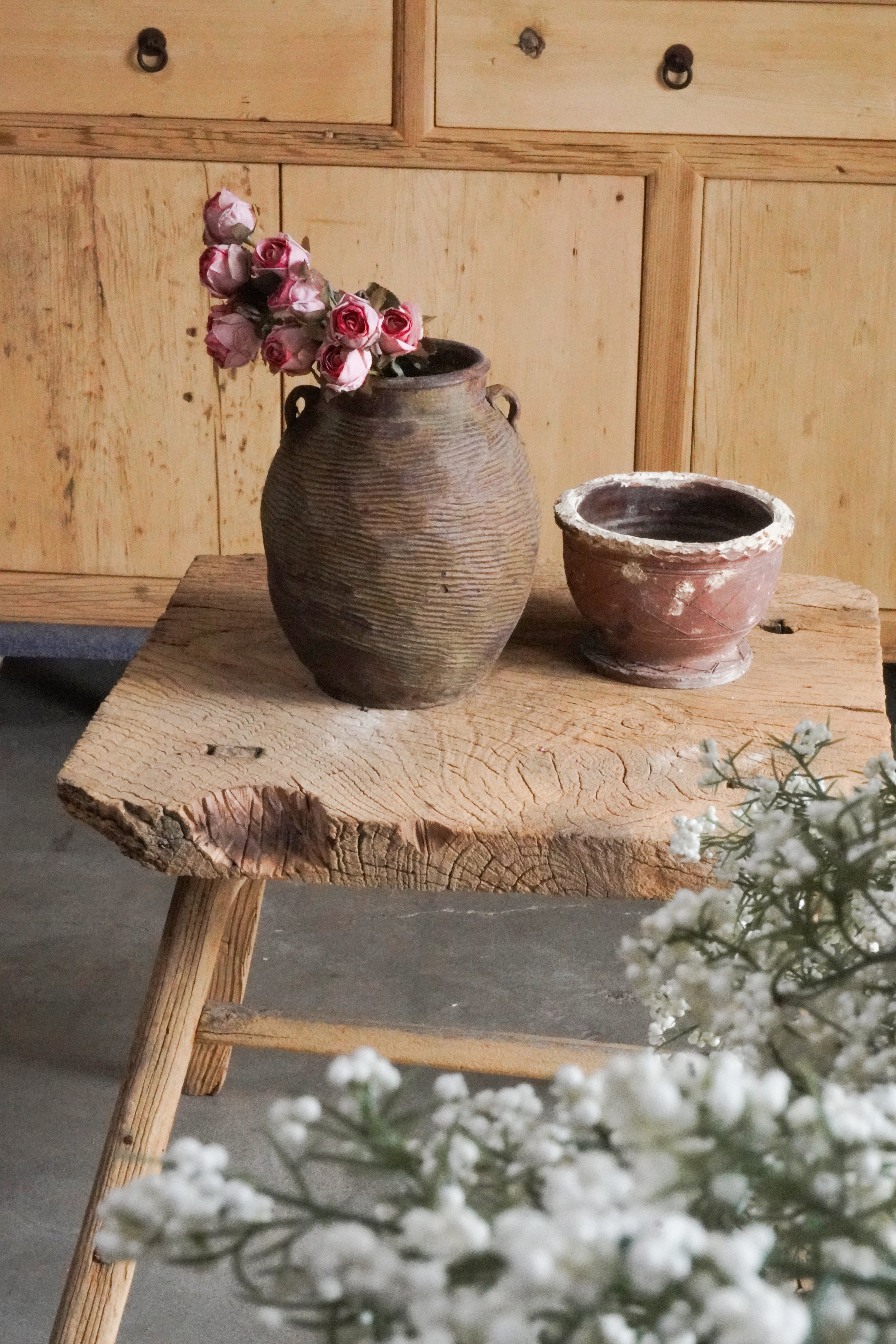 QingYing Vintage Rustic Wood Stool Side Table