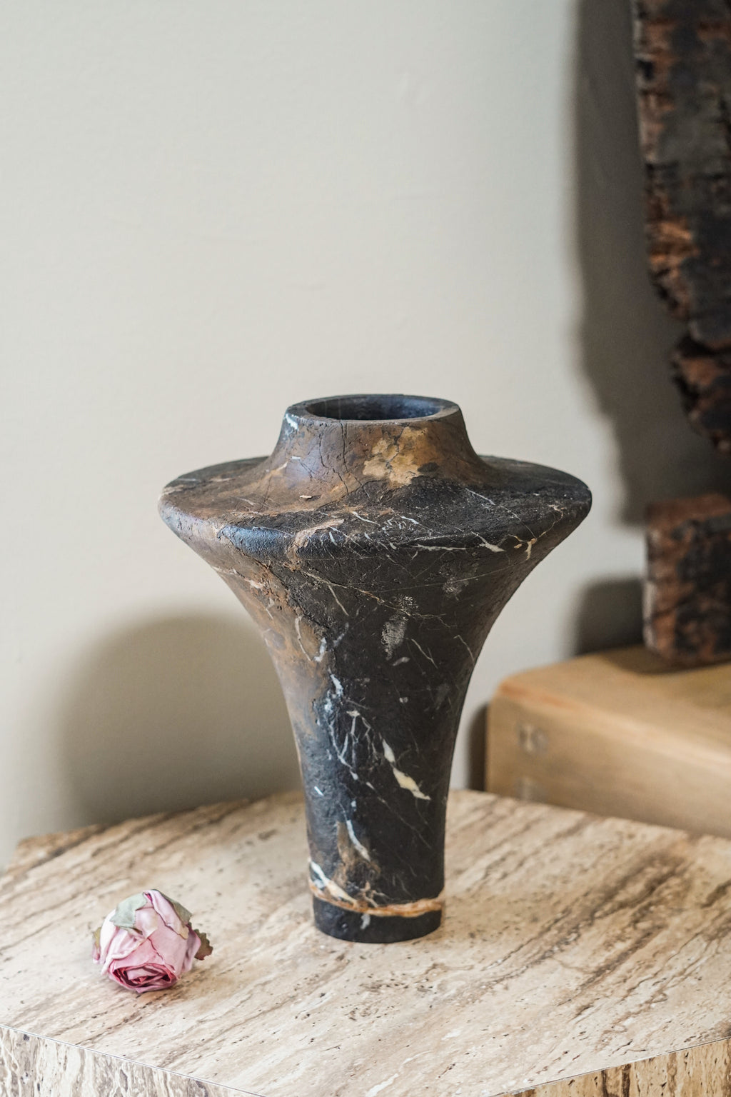 Sculptural Black Gold Marble Vase