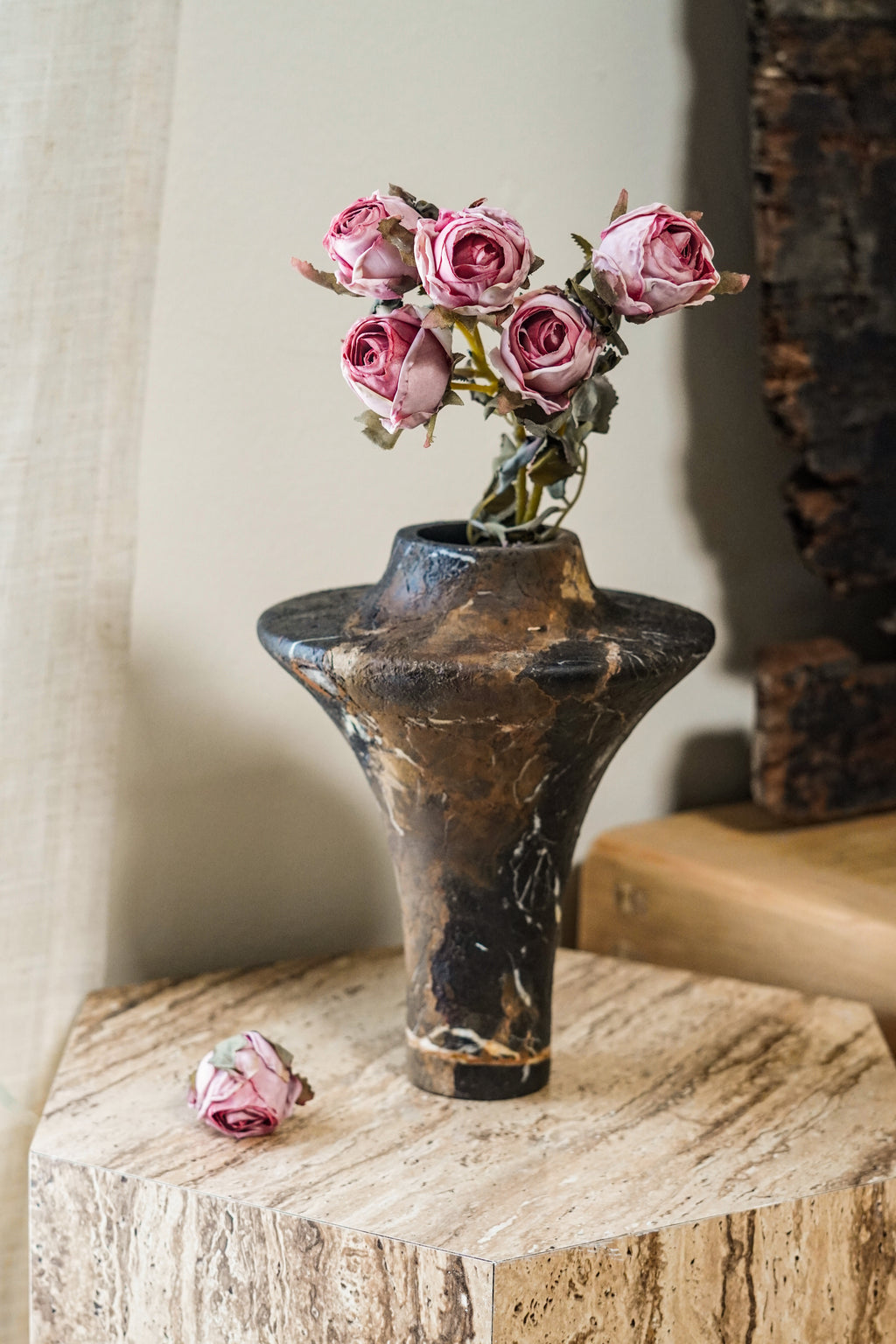 Sculptural Black Gold Marble Vase