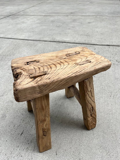 Vintage Wabi-Sabi Rustic Elm Wood Stool--Small Size