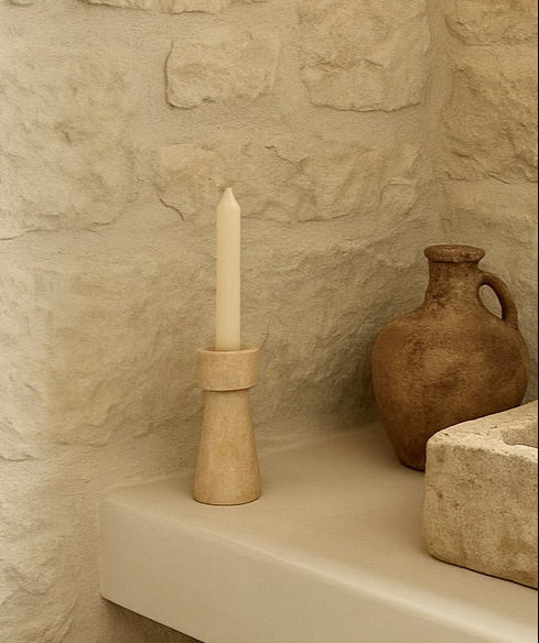 Travertine Candle Holder-Sculptural Pedestal Form