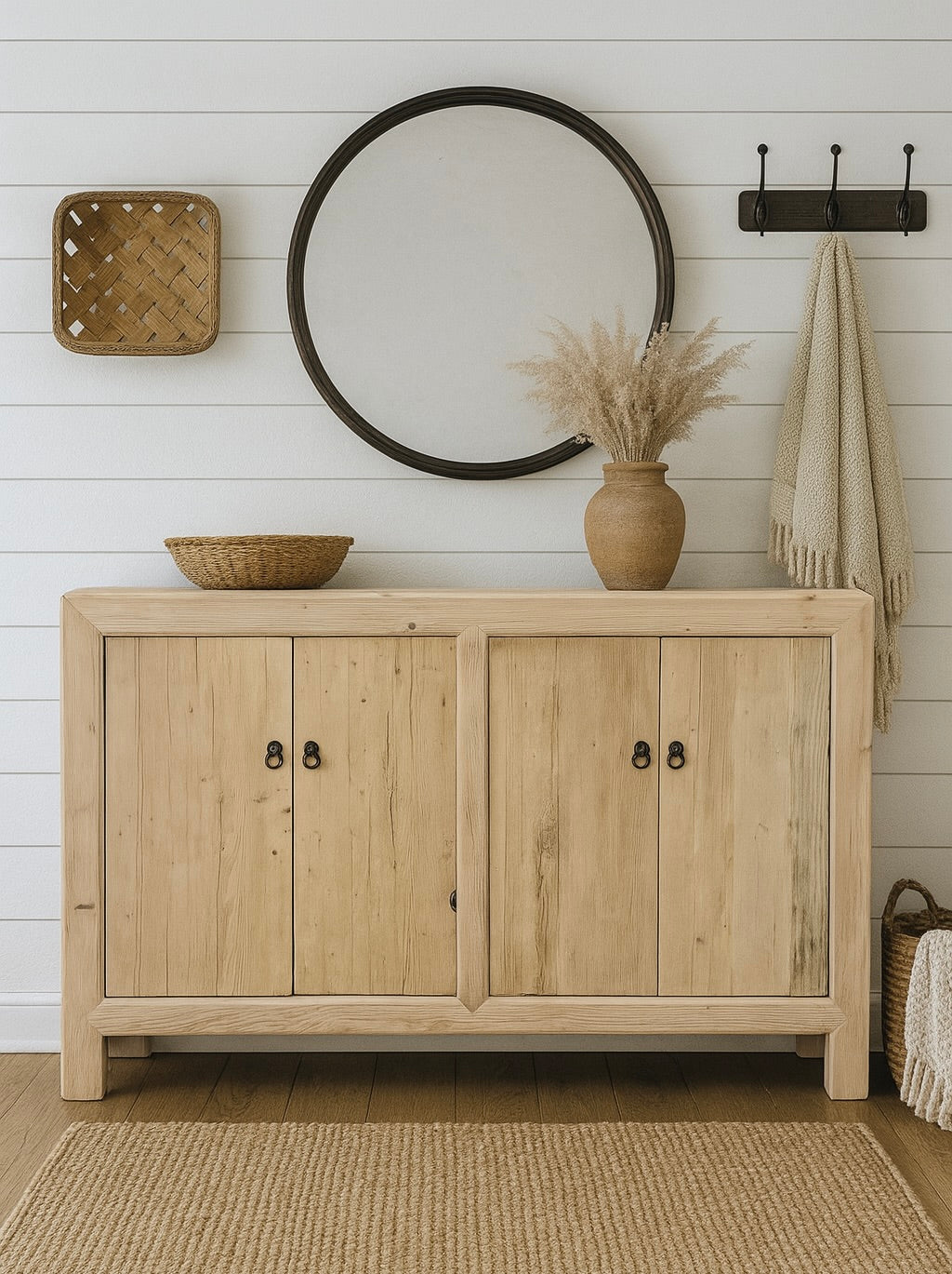 Ming Vintage Reclaimed Wood Sideboard Cabinet 4 Doors--2 size